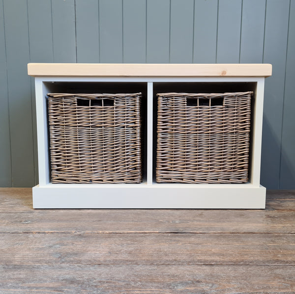 Hallway furniture with large baskets. Painted shoe bench with wicker baskets. French Grey with a Blonde Pine top.
