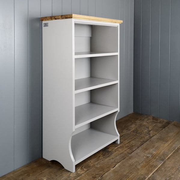 Tall hallway shoe rack with 4 shelves  painted french grey with an antique pine top.