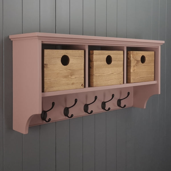 Coat Rack with shelf cubbies and storage boxes