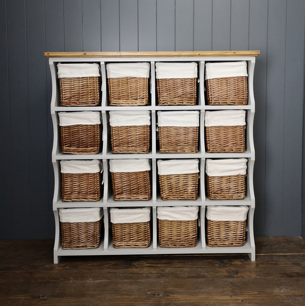 Painted storage chest with wicker baskets