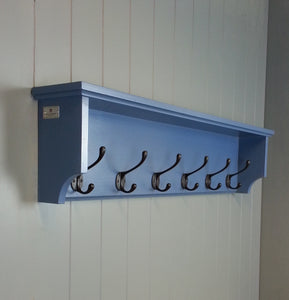 Blue painted slim designed coat rack with shelf and hooks