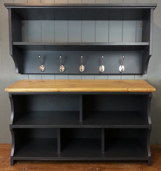 Hallway set: Shoe bench with divided shelving space for es. Coat rack has a shelf and chrome hooks. Painted black 