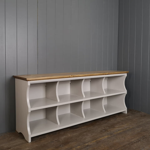 French Grey painted hallway bench with compartments for storing shoes and trainers.