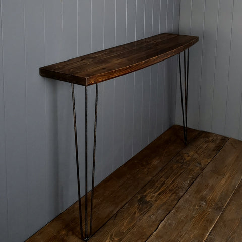 Hallway console table with retro hairpin legs in a dark wood finish