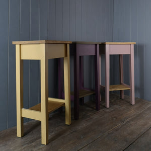 Painted oak side tables with an oak shelf and top. 