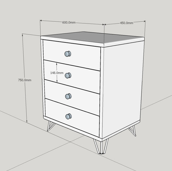 Diagragram showing sizing information for 4 drawer retro chest of drawers