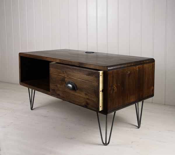 Dark wood hand made TV Stand with a deep drawer and hairpin legs