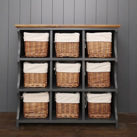 Hallway or nursery stoarge chest with 9 wicker baskets. Painted with a wooden top