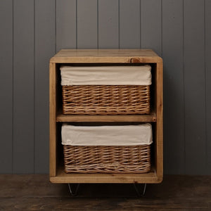 Bedside table with two wicker baskets. Finished in Antique Pine and standing on cast iron hairpin legs