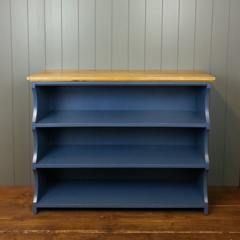 Dark blue painted hallway shoe rack with a wooden top. Hand made.