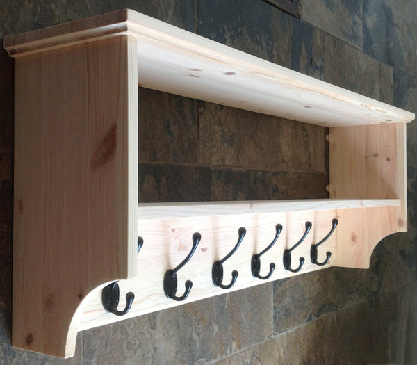 Blonde Pine solid wood coat rack with shelf and black hooks
